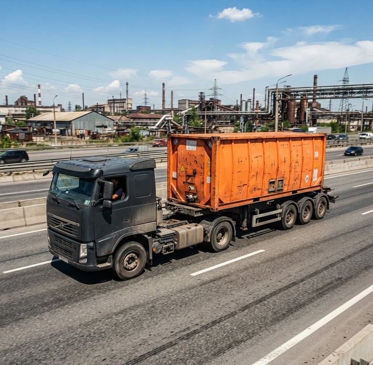 Wide environmental shot of a heavy-duty delivery truck in motion under bright midday sun, safety-orange steel container loaded, high-contrast industrial textures.