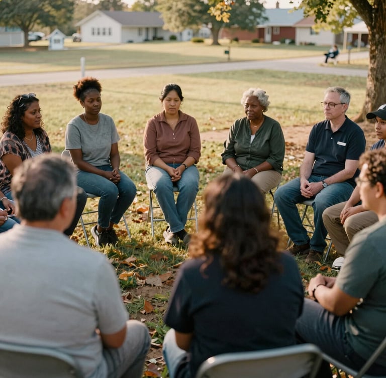 Warm documentary photography of a diverse group of Indiana community members sitting in a collaborative circle, soft natural golden-hour light, rich earthy tones, candid 35mm film style.