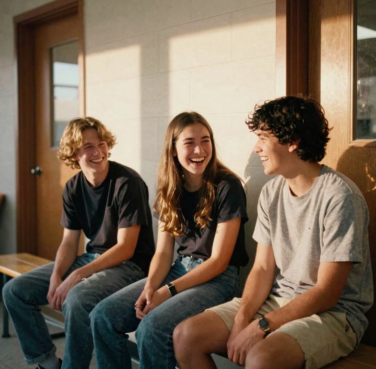 A warm portrait of three high school students sitting together on a bench in a sunlit Indiana classroom corridor, laughing candidly, natural golden-hour light, 35mm film style