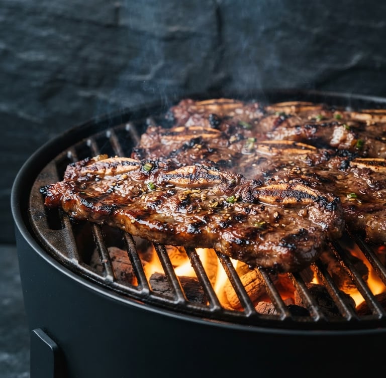 Sleek close-up of premium LA Galbi beef short ribs grilling on a modern, clean charcoal grill, warm amber embers glowing below, dark slate background, professional culinary photography, high-end editorial style, 35mm