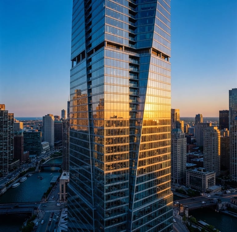High-angle architectural shot of a modern glass skyscraper reflecting golden hour sunlight, clean lines, corporate editorial style, 35mm