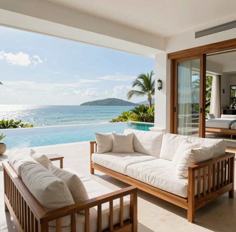 Luminous, sun-drenched luxury villa interior in Koh Samui, pristine linen sofas, teakwood details, sparkling clean glass reflecting the ocean coastline, bright daylight, 35mm editorial.