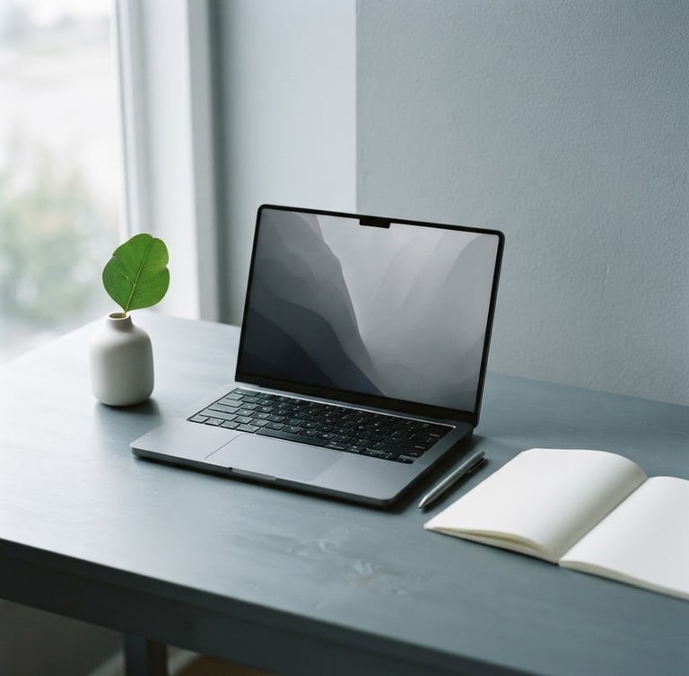 Minimalist organized workspace with a high-end laptop, a clean notebook, and a single green leaf in a ceramic vase, soft overcast natural light, cool slate tones, 35mm