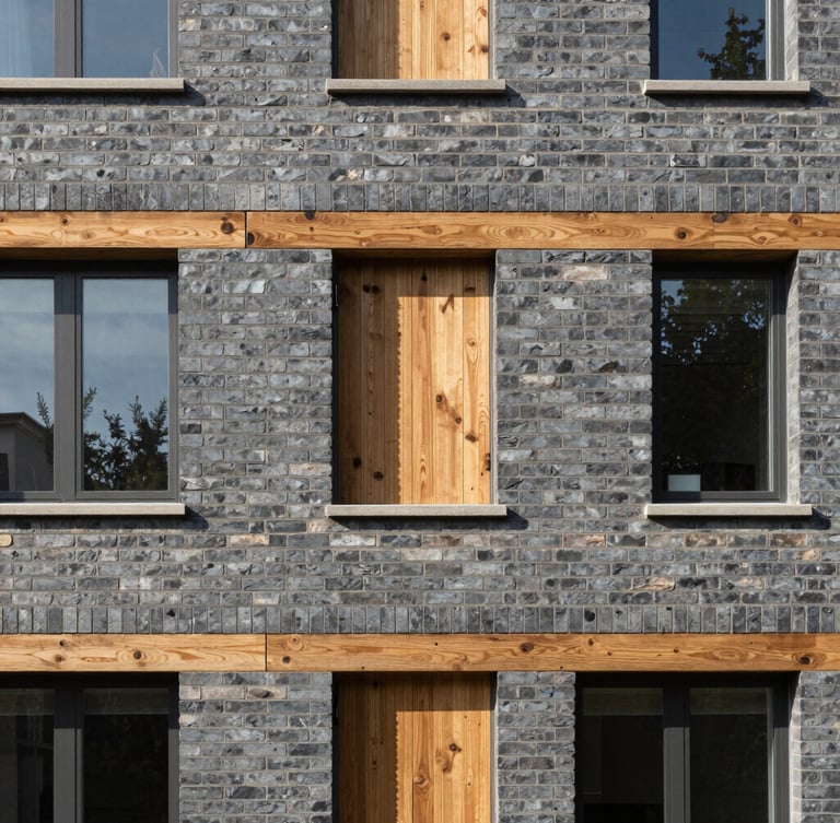 Clean architectural crop of a residential brick facade, soft natural daylight, slate and warm wood tones, editorial composition