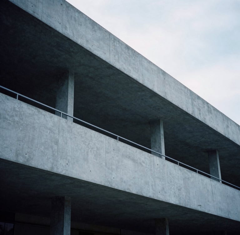 Architectural crop of a modern concrete and steel structure with clean lines, soft overcast daylight, cool desaturated blue and charcoal tones, 35mm photography