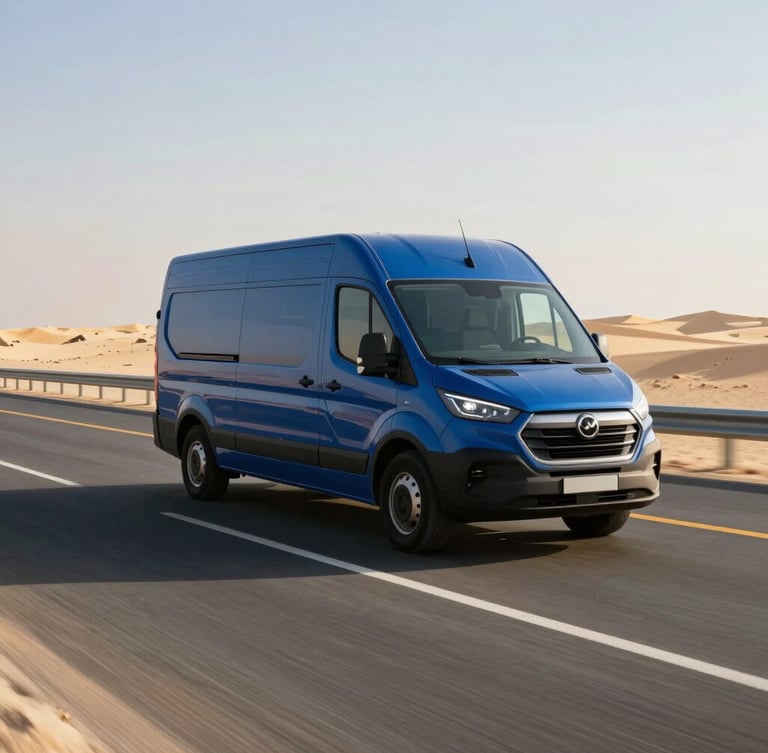 A sleek modern delivery van driving on a multi-lane Dubai highway at golden hour, sharp shadows, high-contrast corporate blue and sand tones.