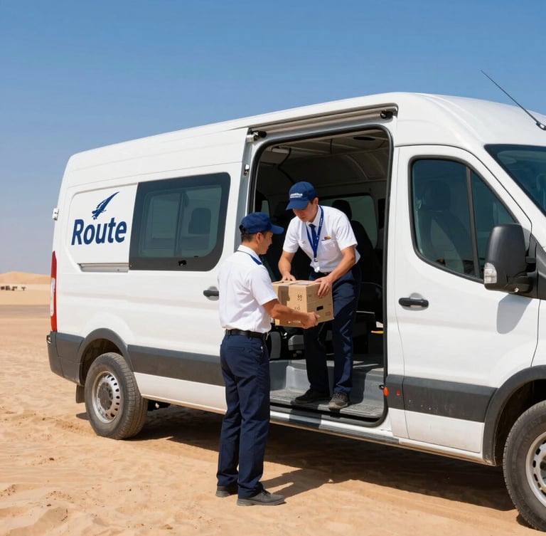 A professional Falcon Route courier in a crisp uniform securing cargo inside a modern delivery van, bright desert daylight casting sharp shadows.