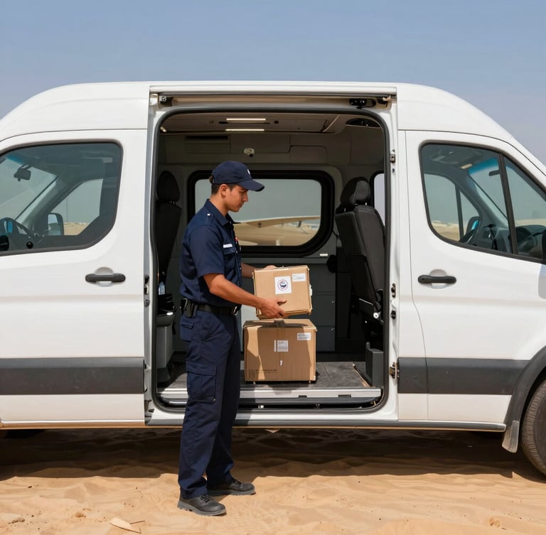 A professional Falcon Route courier in a sharp dark navy uniform securing cargo inside a modern delivery van, bright UAE desert daylight, warm sand tones.
