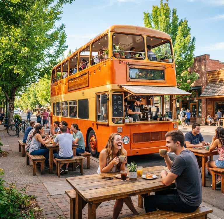 A bright orange and yellow double-decker bus converted into a modern coffee shop, parked on a sunny Oregon street with outdoor wooden tables and happy patrons.