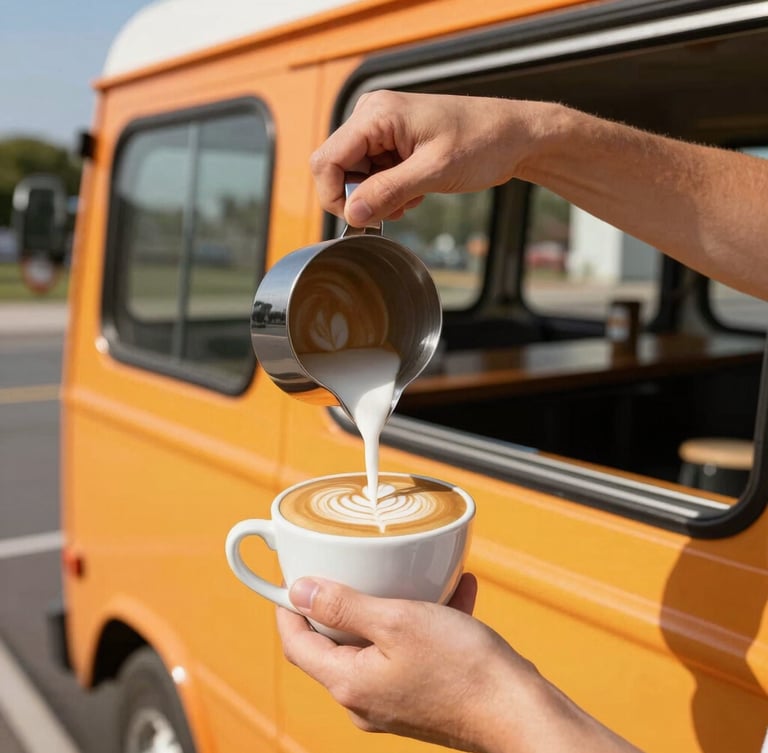 Close-up of hands pouring beautiful latte art inside a converted bus espresso bar, warm natural daylight, orange accents.
