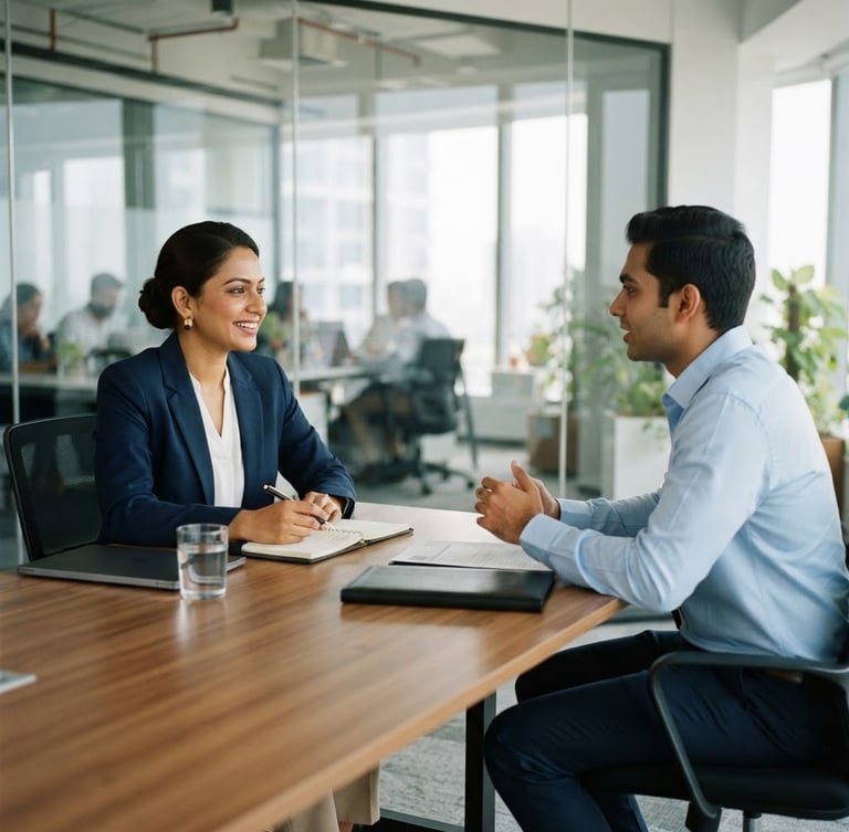 A professional Indian female HR manager conducting an interview in a bright, modern corporate office, clean daylight, highly professional, 35mm