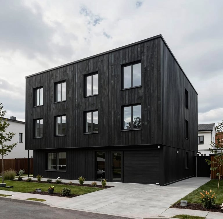 Wide architectural elevation of a modern black timber townhouse in Vilnius, overcast Baltic daylight, concrete driveway, minimalist landscaping.