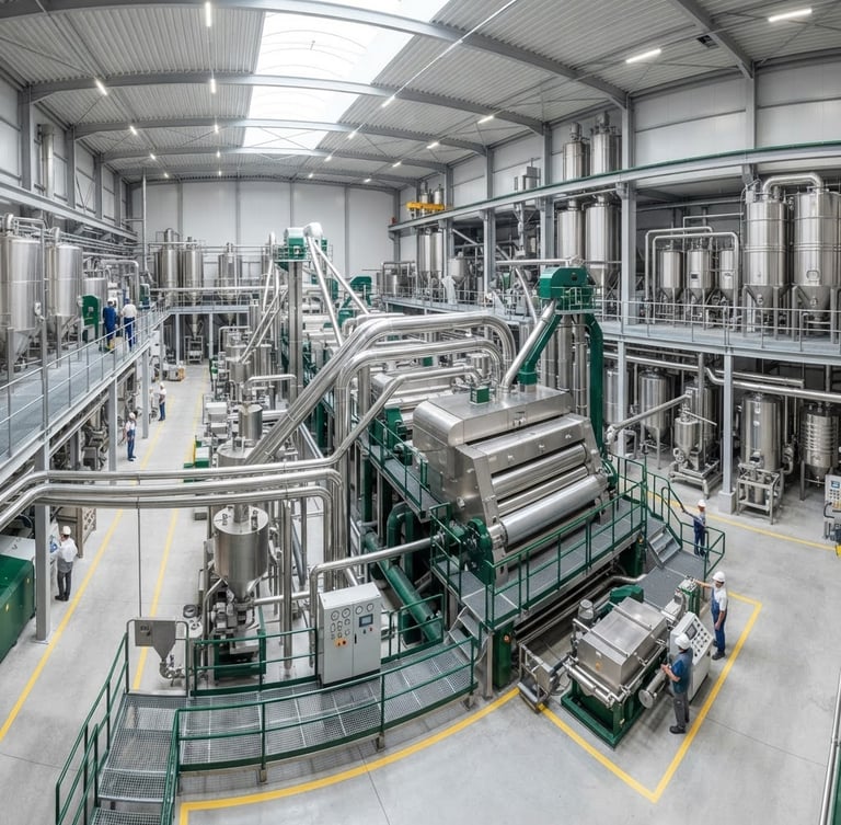 Wide panoramic shot of a pristine stainless steel industrial milling facility, bright even lighting, deep green accents on machinery, showing massive scale.