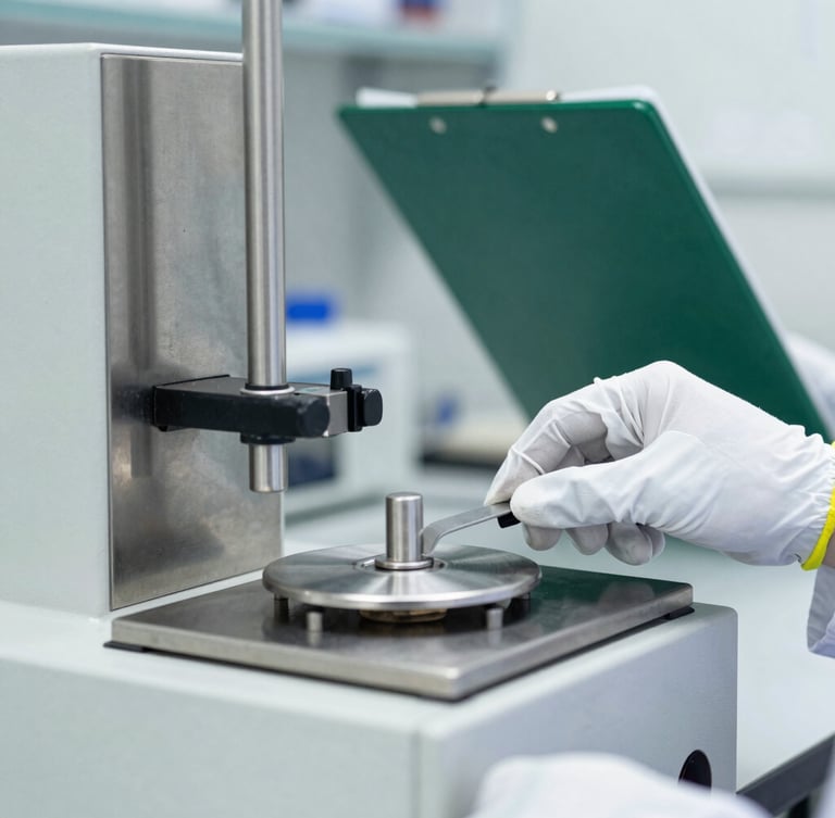 Close up of a stainless steel testing station in a bright industrial lab, a technician's gloved hand adjusting a scale, deep green clipboard in the background.