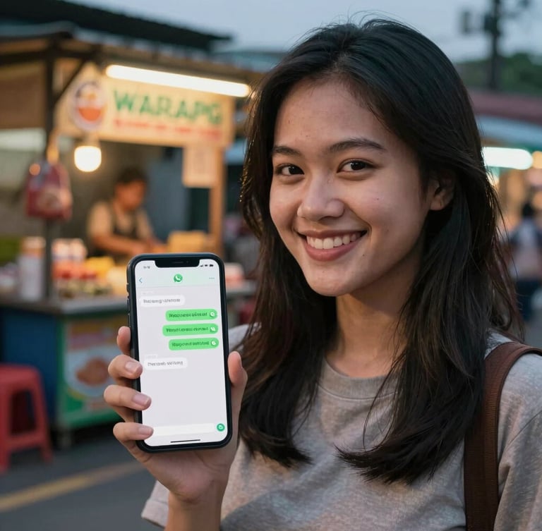 A close-up portrait of a smiling young Indonesian woman in Jakarta holding her smartphone, showing a WhatsApp chat interface, with a vibrant local warung kiosk blurred in the background at dusk.