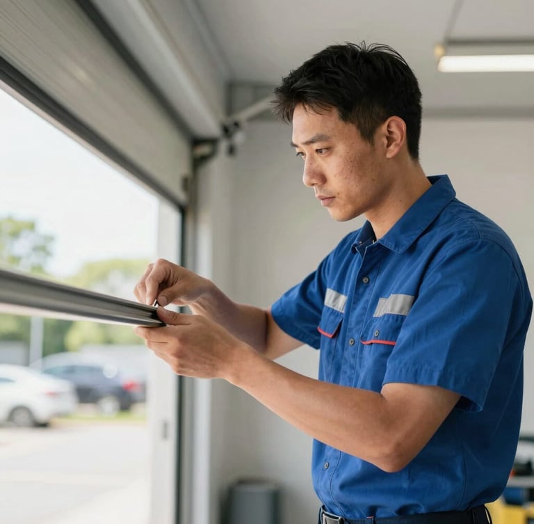 Clean-cut technician in branded uniform carefully adjusting a garage door track, focused expression, natural garage interior lighting, sharp focus