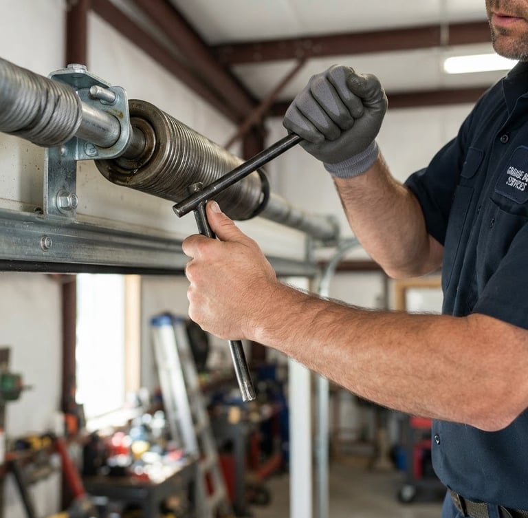 Close-up of a uniformed technician's hands adjusting a garage door torsion spring, bright natural daylight, clean industrial tones, sharp focus, 35mm lens