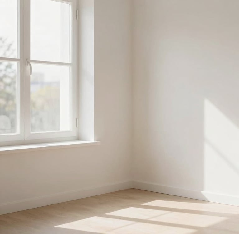 Bright high-key lifestyle shot of a clean minimalist Lithuanian home interior, soft natural daylight streaming through a window, warm neutral tones, crisp details, 35mm