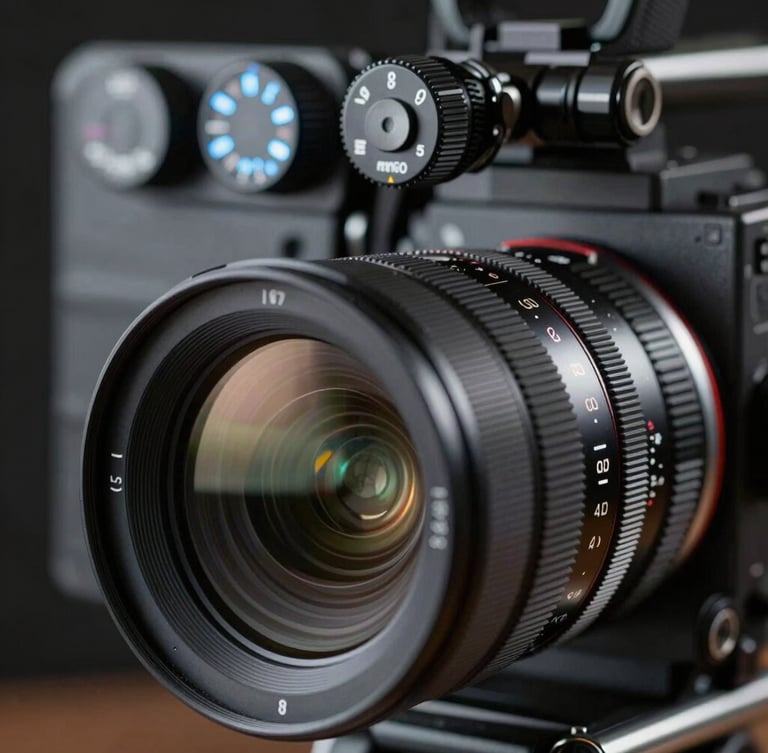 Macro shot of a high-end cinema camera rig dials in a dark studio setting, glowing blue rim lights reflecting on the lens, shallow depth of field.