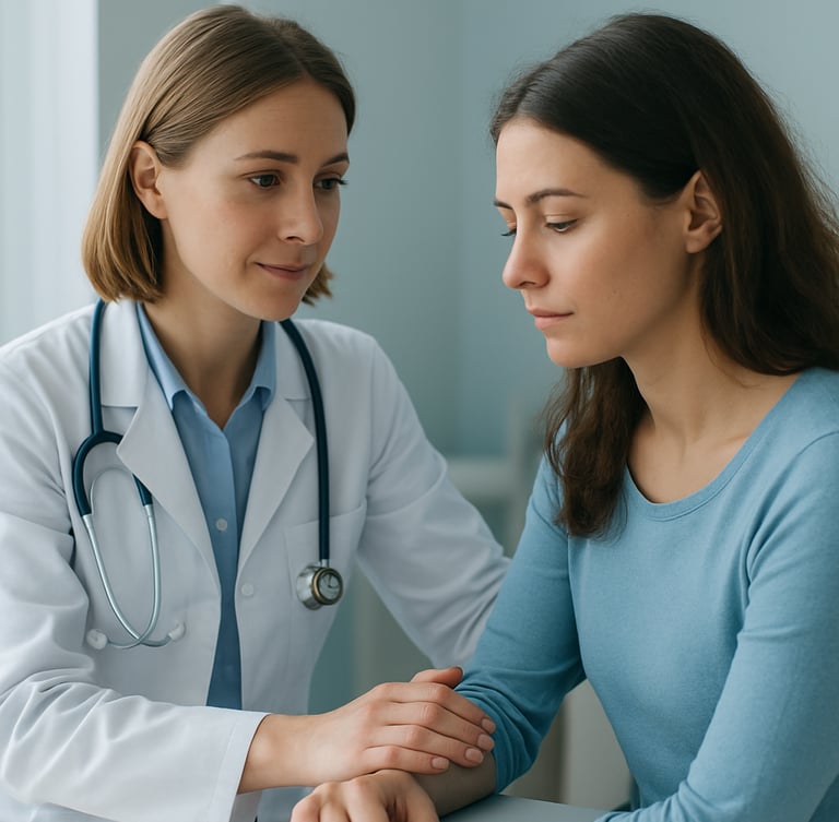 European doctor reassuring a patient in a clinic, soft natural light, both European, prenotamedico.com watermark.