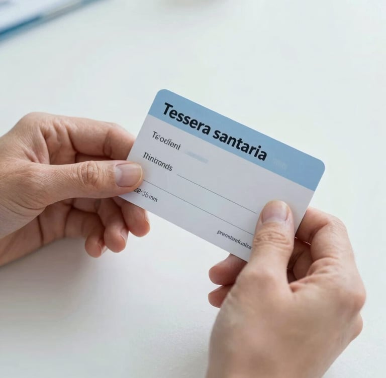 Close-up of a European patient's hands holding an Italian 'tessera sanitaria' (health card) and a medical prescription, on a light-colored surface, soft natural daylight, subtle 'prenotamedico.com' watermark, 35mm lens.