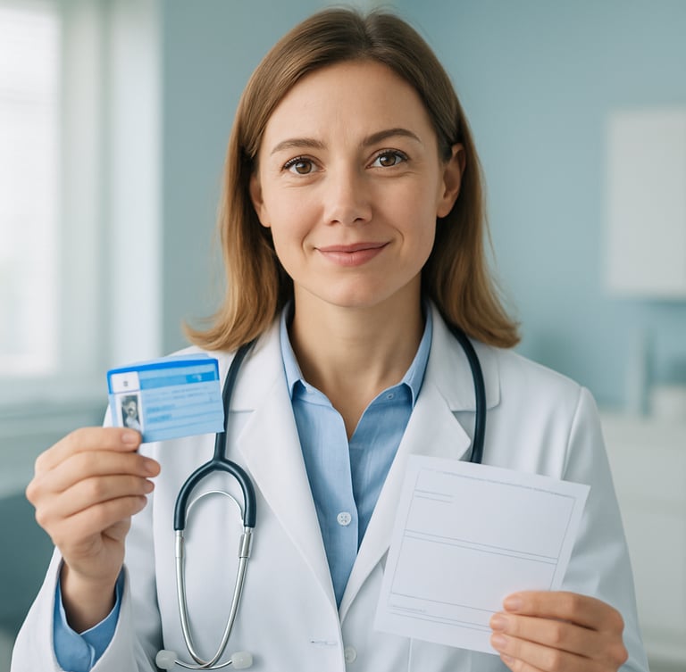European female doctor in a modern clinic setting, holding a 'tessera sanitaria' (health card) and a prescription form, with a reassuring expression. Soft natural light. Prenotamedico.com watermark visible.