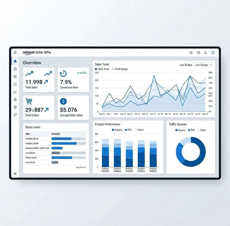 High-fidelity Amazon Seller KPIs dashboard screenshot, clean UI, crisp data charts, real-time metrics, cool gray and sharp blue tones, vector precision, on a neutral white background, 21:9 aspect ratio, off-center subject