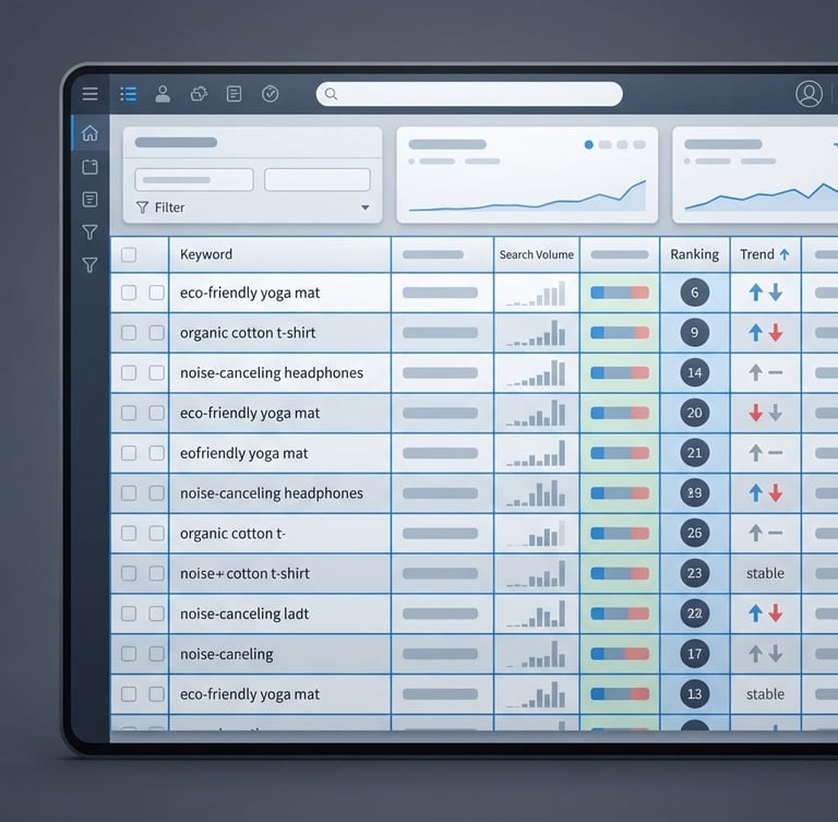 High-fidelity screenshot of Seller KPIs organic keyword ranking tracker dashboard, showing a clean table of keywords, search volume, ranking positions, and trend arrows, crisp studio lighting, cool gray and sharp blue tones, vector precision.