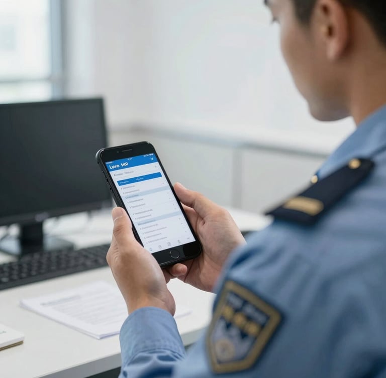 A desaturated blue-toned environmental shot of a service member in clean duty uniform reviewing leave balances on a secure mobile device, bright neutral daylight, modern administrative setting, sharp focus.
