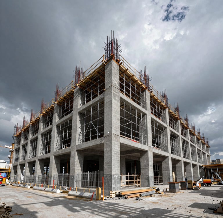 Wide-angle architectural shot of an active metropolitan construction site with steel scaffolding and concrete pillars under a dramatic overcast sky, sharp shadows.