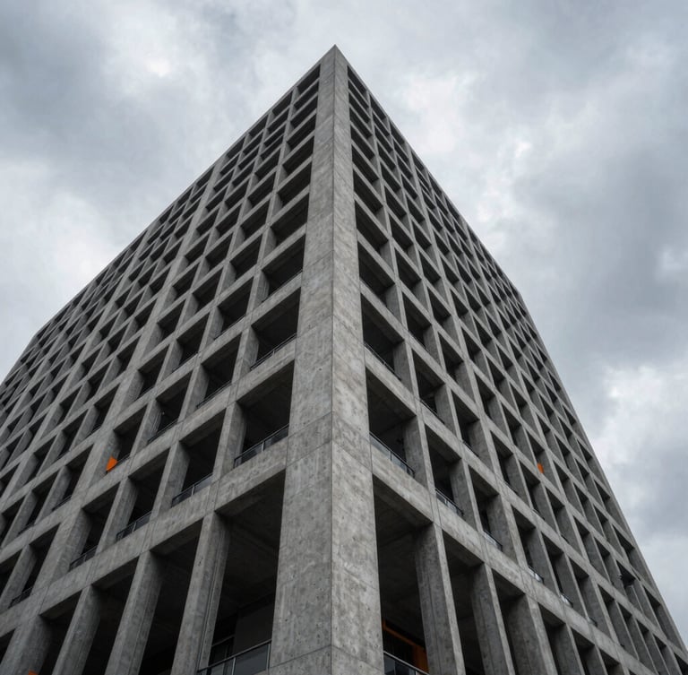Low-angle architectural photography of a modern concrete and steel skyscraper facade under dramatic overcast daylight, sharp structural shadows, high-contrast cool grays.