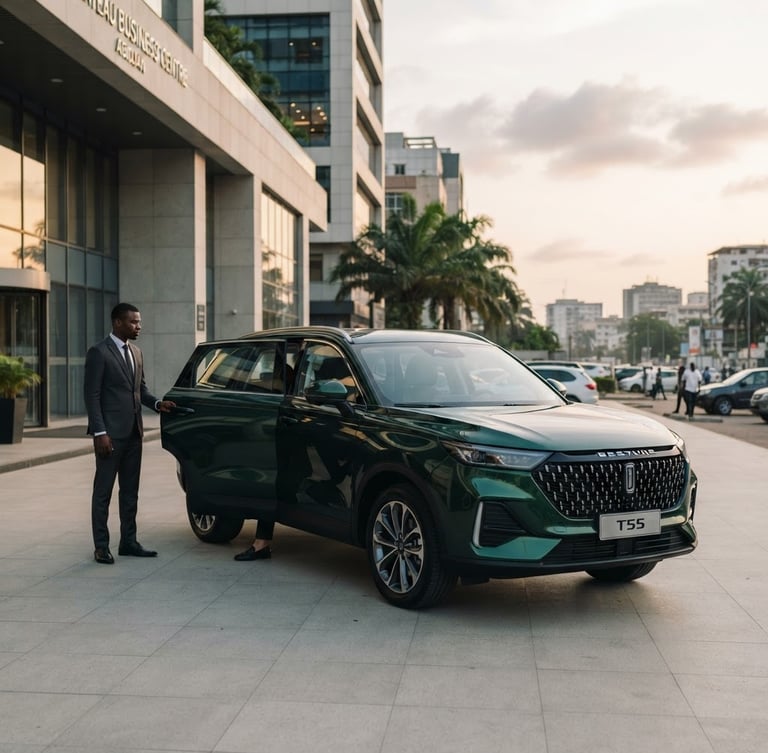 Un SUV premium Bestune T55 vert foncé brillant garé devant un immeuble de bureaux moderne au Plateau à Abidjan, lumière douce de fin de journée, chauffeur professionnel en costume sombre ouvrant discrètement la portière arrière, style photographique corporate épuré.