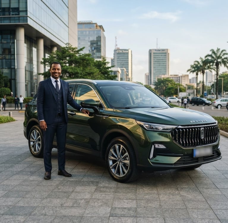 Premium automotive portrait of a professional chauffeur in a dark suit standing next to a clean Bestune T55 SUV, soft daylight, corporate office building in Abidjan Plateau in the background, 35mm lens.