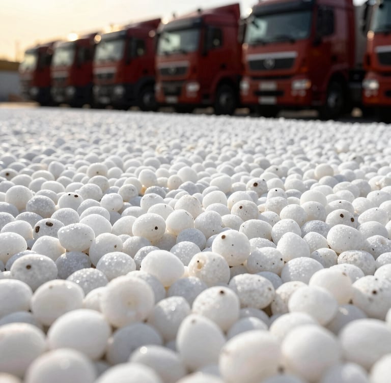 Close-up macro shot of perfectly clean, white, rounded sand grains, under bright, crisp daylight, emphasizing texture and purity. Industrial commercial photography, high contrast, 35mm.