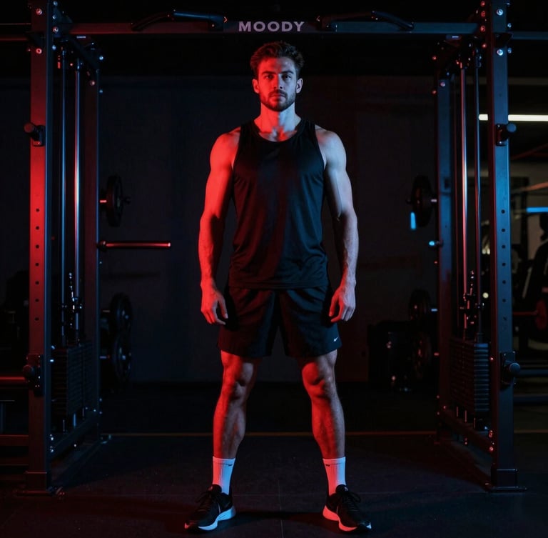 Moody fitness photography of a personal trainer standing confidently in a dark gym, dramatic red and blue neon backlighting, low-key lighting, 35mm film