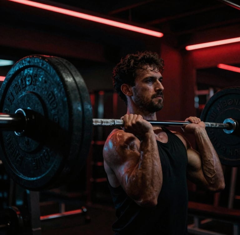 Dramatic low-key lighting close-up of a muscular athlete gripping a heavily loaded barbell in a dark gym with deep red neon reflections, 35mm film