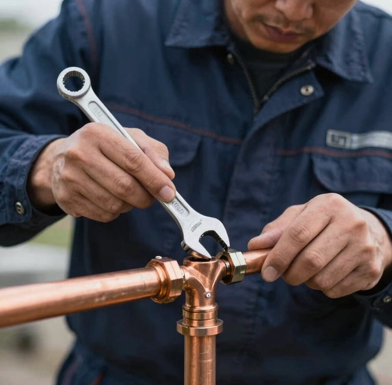 Close-up of a professional technician in a clean navy uniform using a steel wrench to tighten a copper pipe joint under bright daylight, focused technical framing.