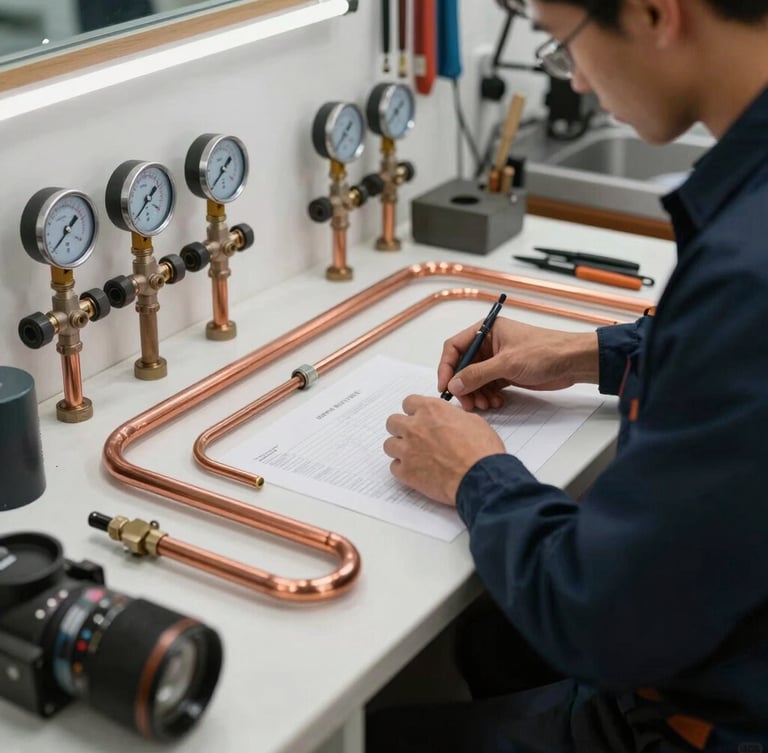 A clean, organized workshop counter at Dhana 1 Residence, featuring copper pipes, pressure gauges, and a technician in a dark blue uniform preparing materials.