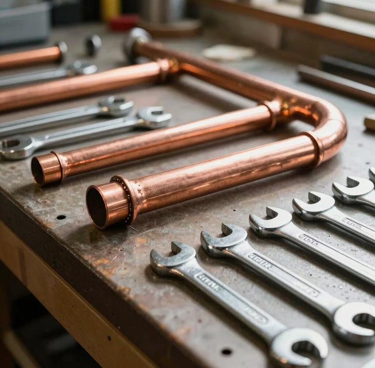 Bright natural daylight close-up of a professional workshop workbench with clean copper pipes and organized steel wrenches.
