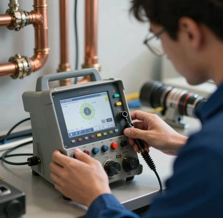 Close-up of a professional technician in a clean uniform adjusting a digital leak detection console, bright daylight, copper pipes visible in background