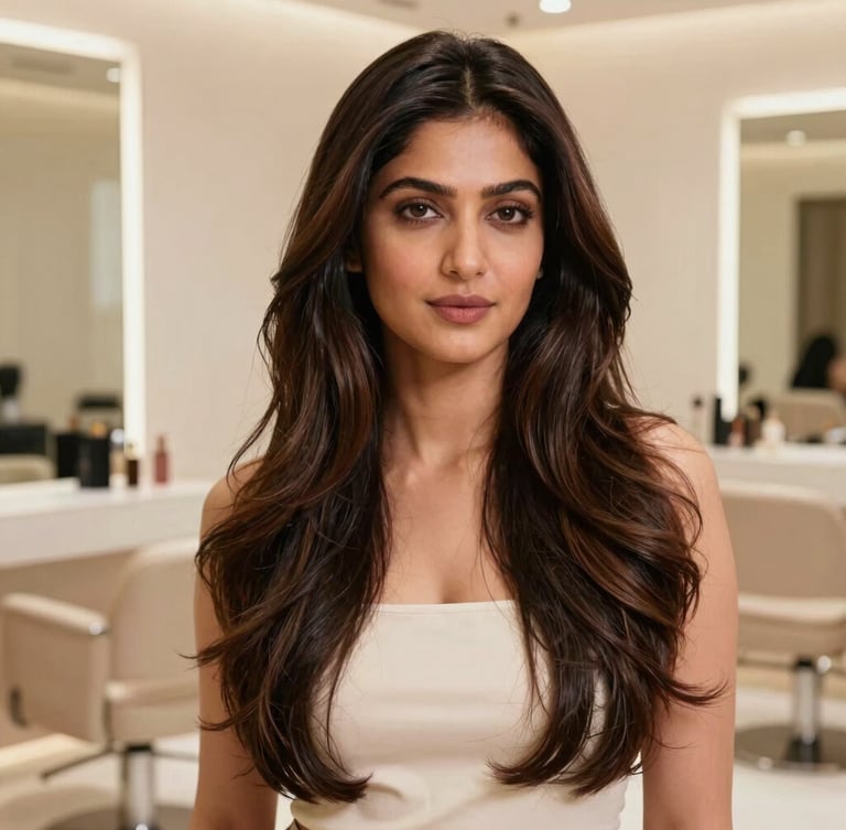 A professional Indian woman with voluminous, natural-looking long hair styling in a bright, modern luxury salon interior, soft beige tones, shallow depth of field, 85mm lens