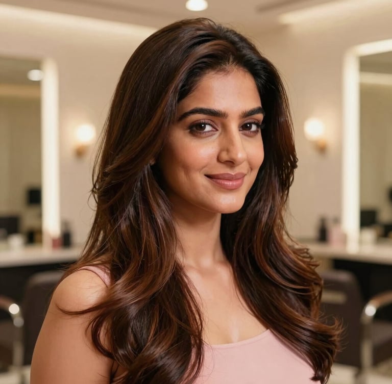 Elegant medium close-up of a professional Indian woman with thick, lustrous, natural-looking long hair, smiling softly in a warm, softly lit luxury salon interior, shallow depth of field, 85mm lens