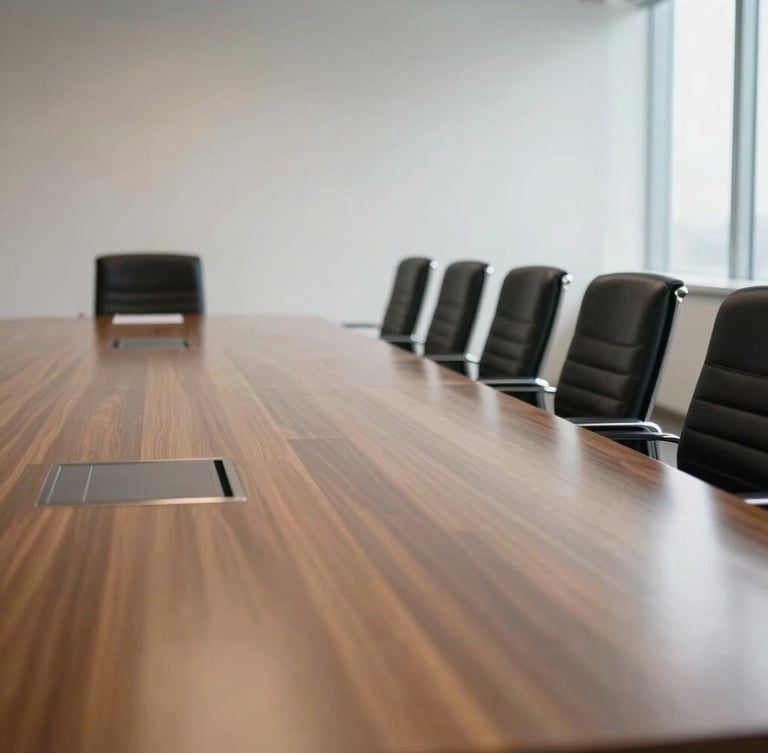 A close-up shot of a highly professional corporate training room in Riyadh, with natural light reflecting off a polished wooden conference table and modern minimalist chairs, clean lines, professional atmosphere.