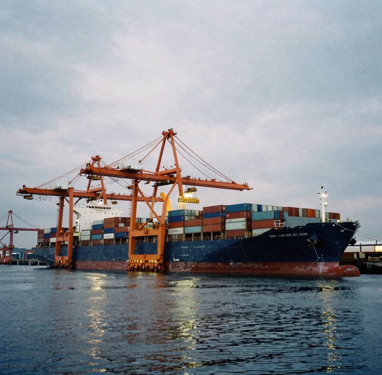 Industrial film photography of a massive container ship docked at a deep-water port during overcast twilight, giant orange gantry cranes loading cargo, reflections on dark water, wide-angle lens.