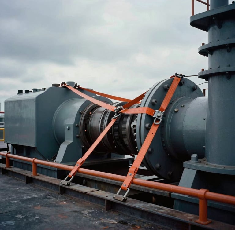 Close-up of heavy industrial machinery being secured with orange steel rigging on a cargo deck, dramatic overcast daylight, technical precision, 35mm film.