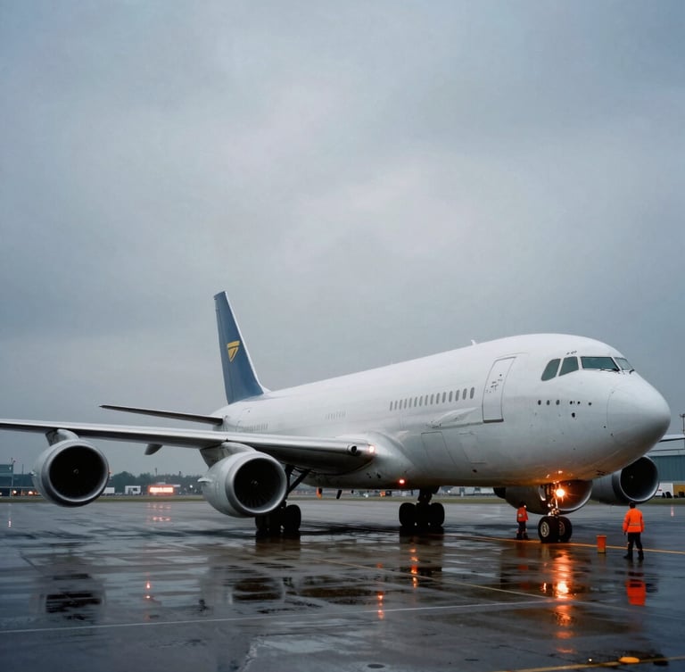 Wide-angle shot of a massive cargo plane on a wet tarmac at twilight, safety orange ground crew lights reflecting, industrial film photography style.