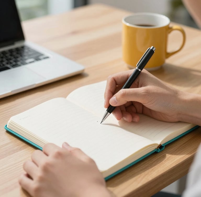 Close-up of hands writing structured notes in a clean journal on a wooden desk, warm mug nearby, bright natural daylight, modern minimalist setup, shallow depth of field.