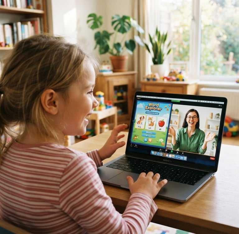 An over-the-shoulder shot of a cheerful 7-year-old child actively playing a game-based English lesson on a laptop, warm daylight, smiling native teacher visible on the screen, 35mm photography