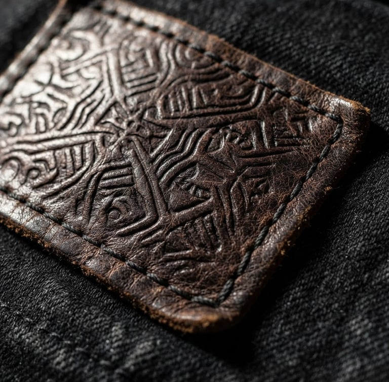 Macro photography of a thick debossed dark brown leather patch on a black denim jacket, hard directional side-lighting highlighting the deep engraved text and natural grain texture, 50mm lens
