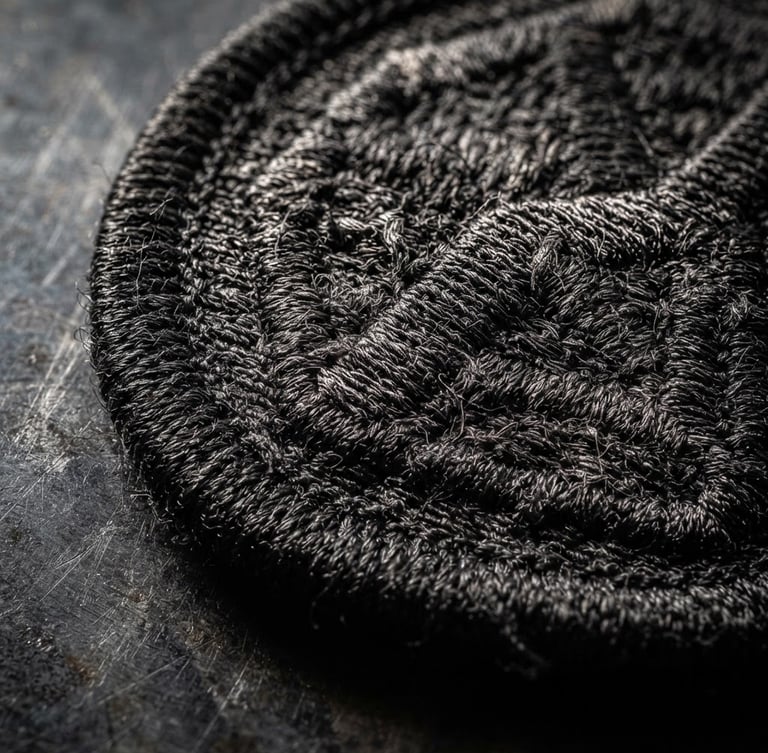 Tactile macro photography, hard directional side-lighting, extreme close-up of heavy-duty embroidered patch with a thick merrowed border on a dark steel background, showing dense thread weave and sharp physical texture.